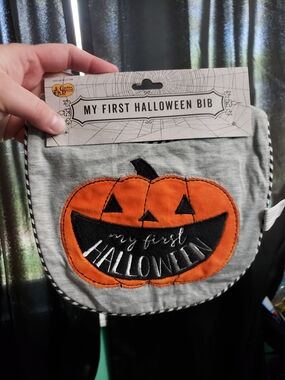 Cracker Barrel Gray Bib with Orange Pumpkin "My First Halloween"